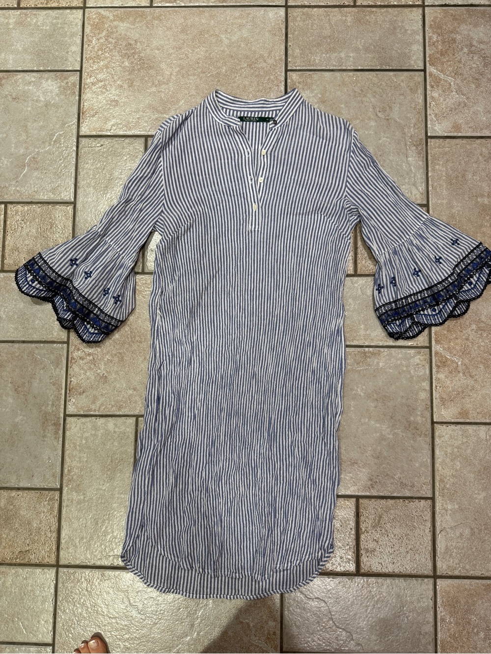 Ralph Lauren Blue and White Striped Midi Dress with Embroidered Bell Sleeves